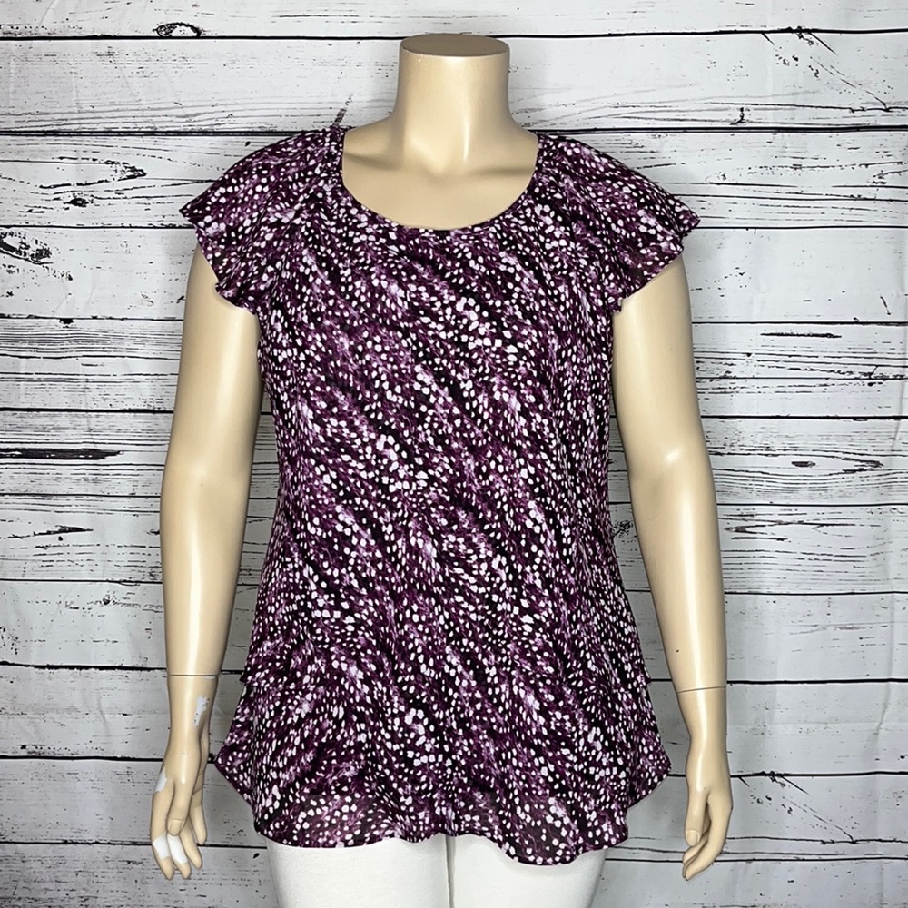 Dressbarn Woman NWT Size 1X Purple & White Polka Dot Tiered Ruffle Blouse Top